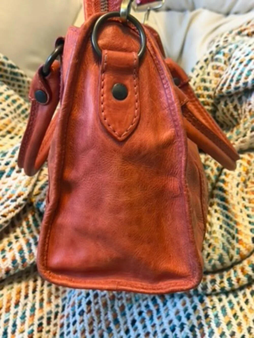 Frye Melissa Washed Leather Satchel Burnt Orange Boho Embroidered Strap EUC